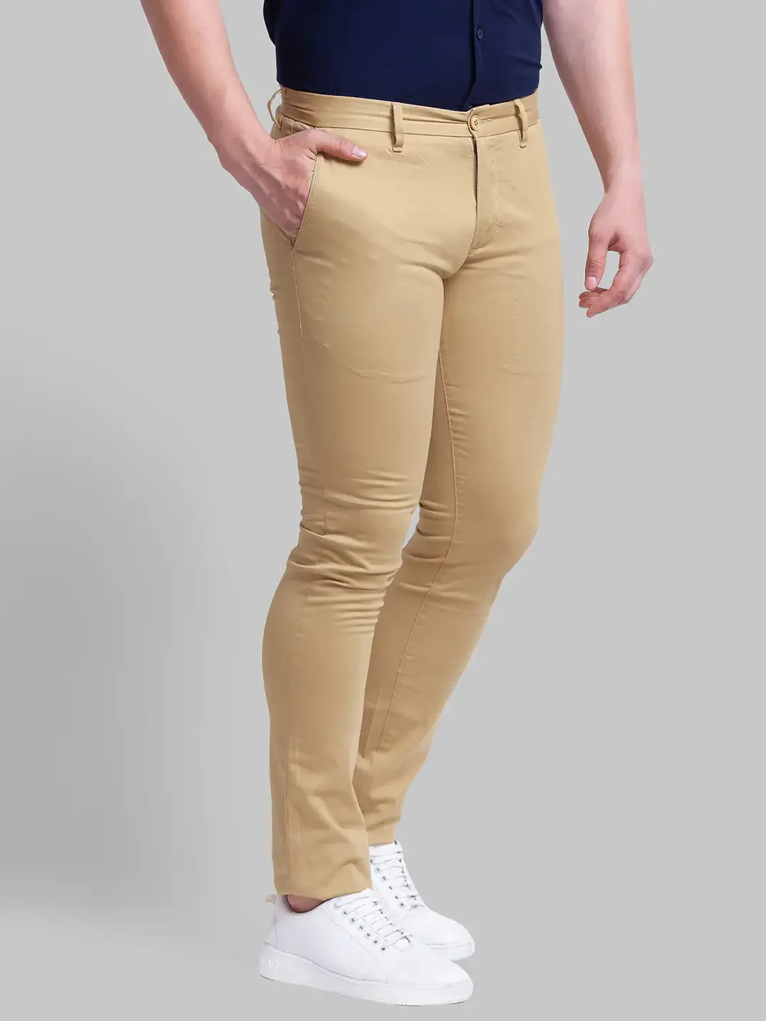 Men Khaki Super Slim Fit Solid Cotton Blend Trouser - Image 2