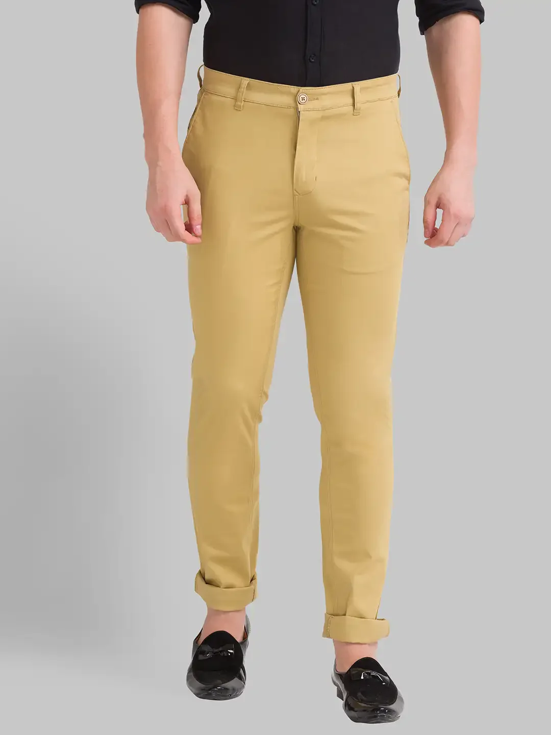 Men Khaki Super Slim Fit Solid Cotton Blend Trouser