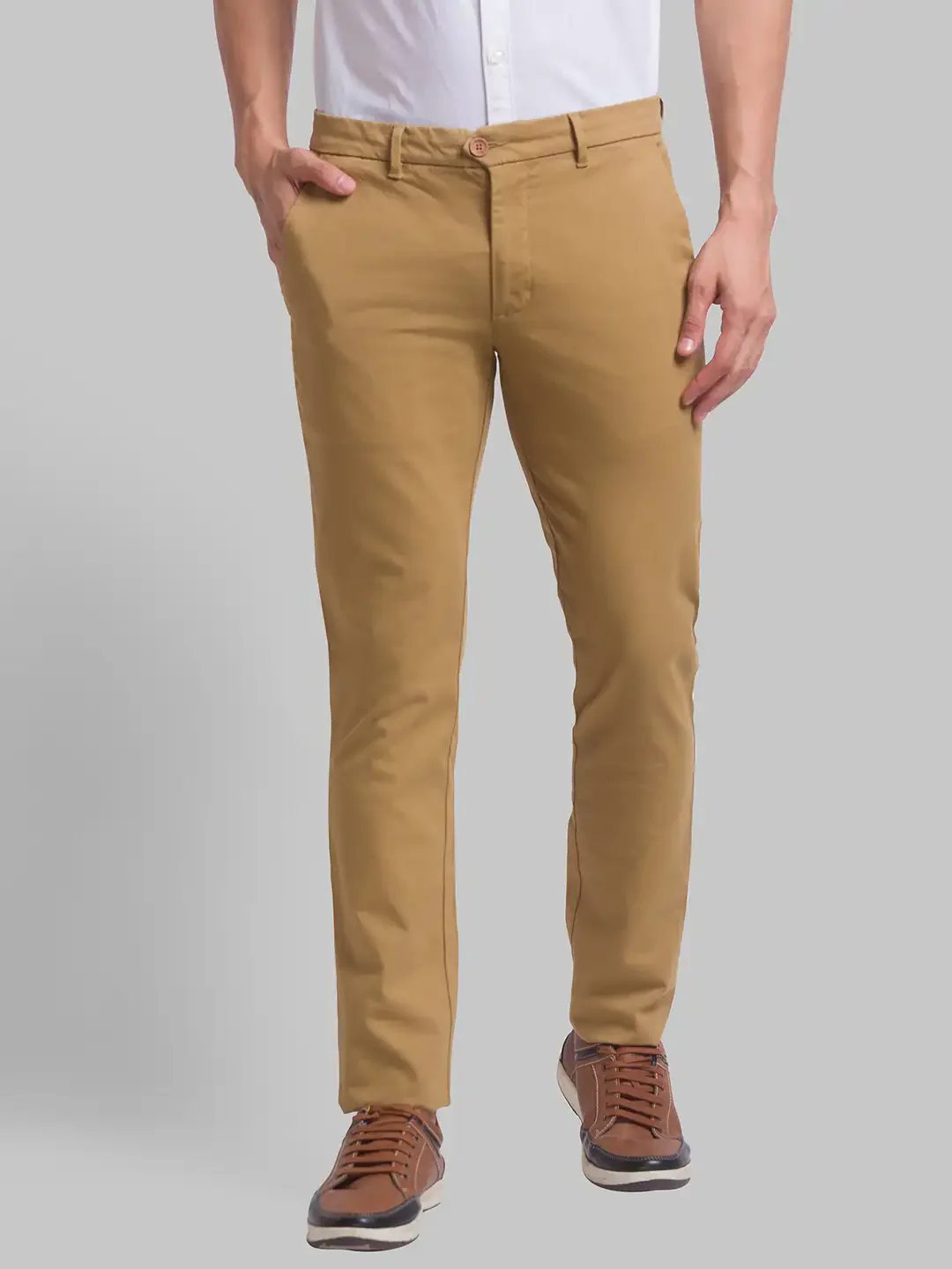 Men Khaki Super Slim Fit Solid Cotton Blend Trouser