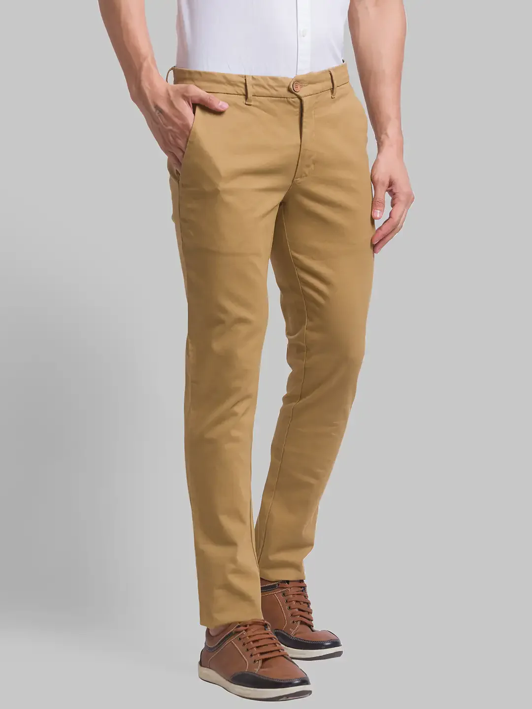 Men Khaki Super Slim Fit Solid Cotton Blend Trouser - Image 2