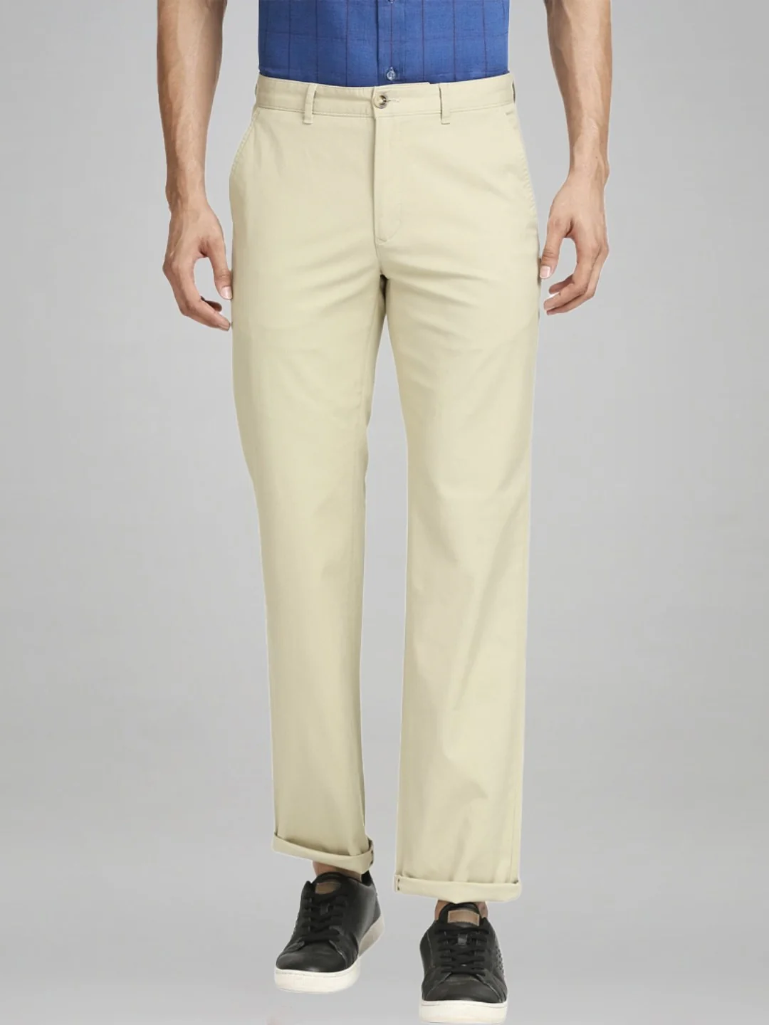 Men Khaki Tailored Fit Solid Cotton Blend Trouser