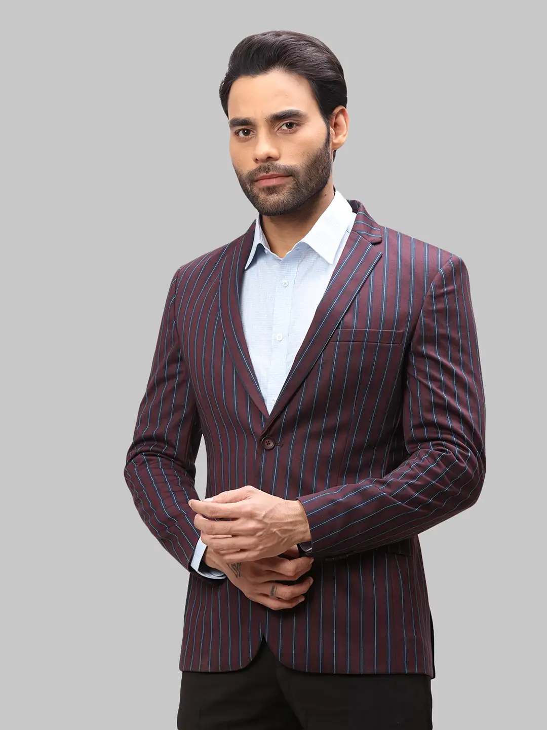 Park Avenue Men Maroon Active Fit Stripe Formal Jacket - Image 3