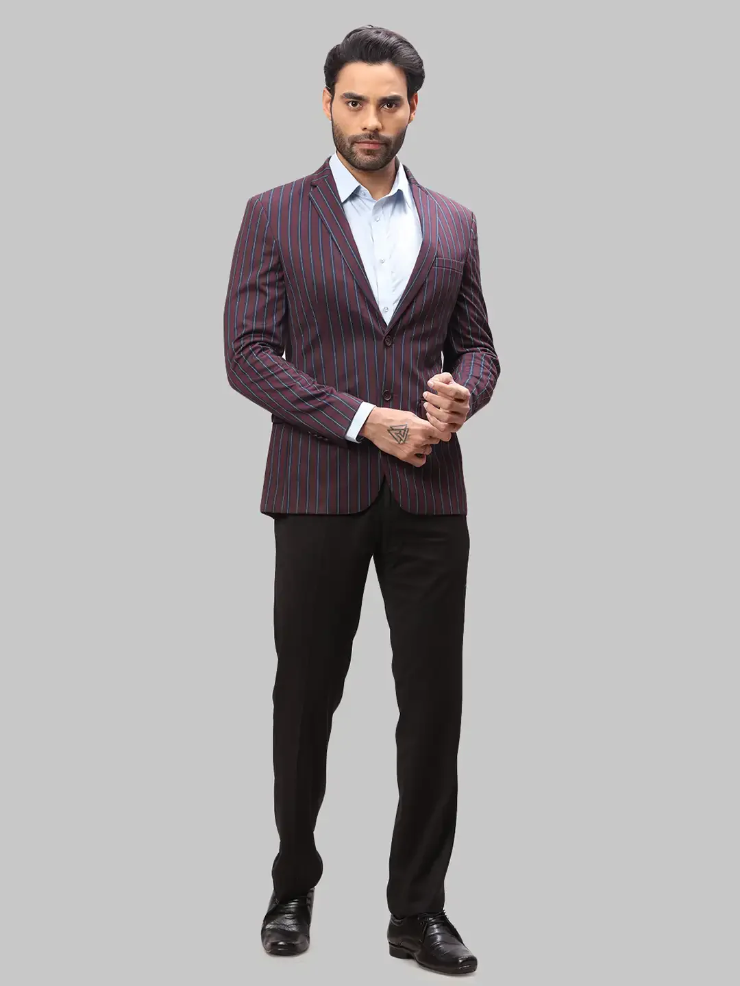 Park Avenue Men Maroon Active Fit Stripe Formal Jacket - Image 5