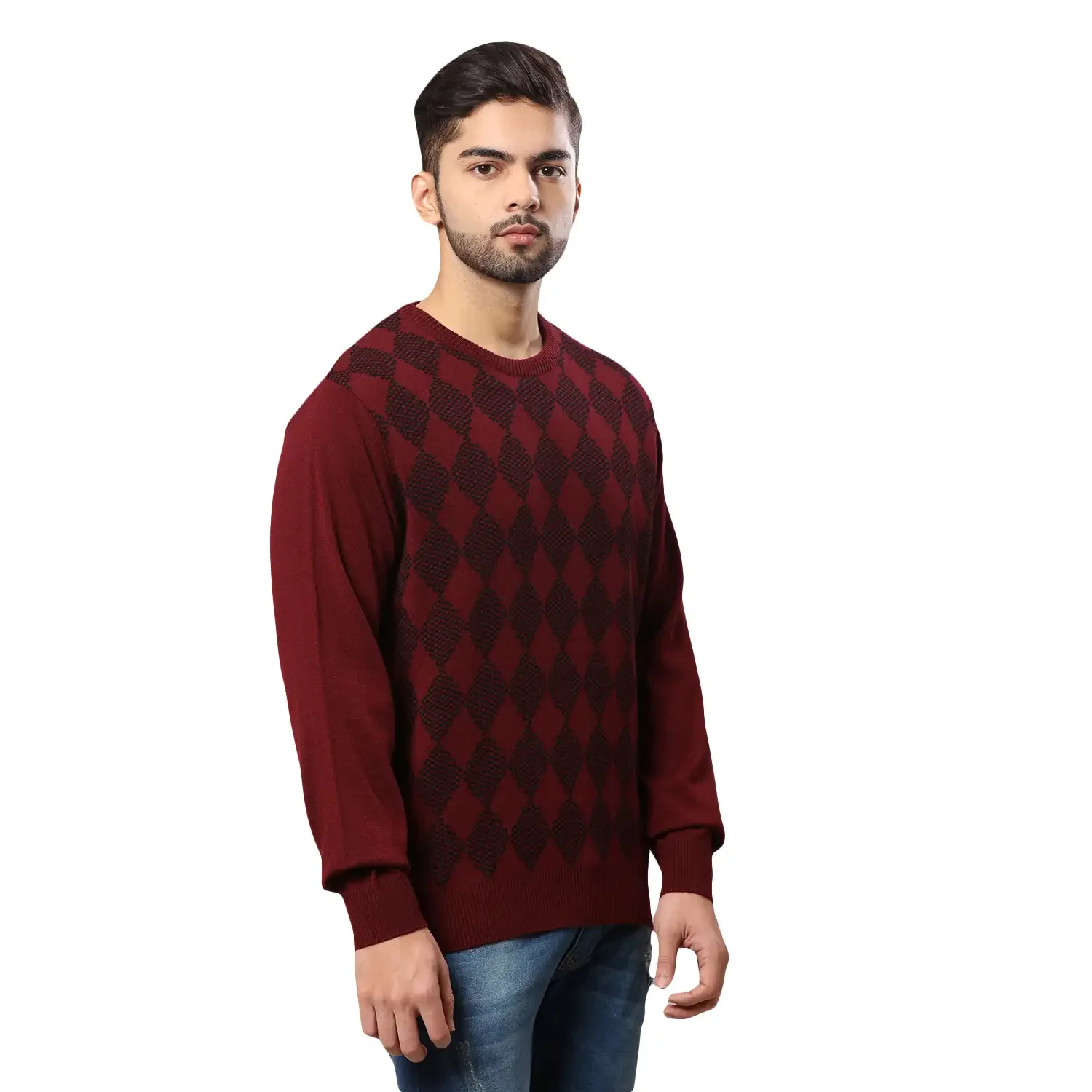 Men Maroon Argyle Acrylic Wool Blend Round Collar Sweaters - Image 2