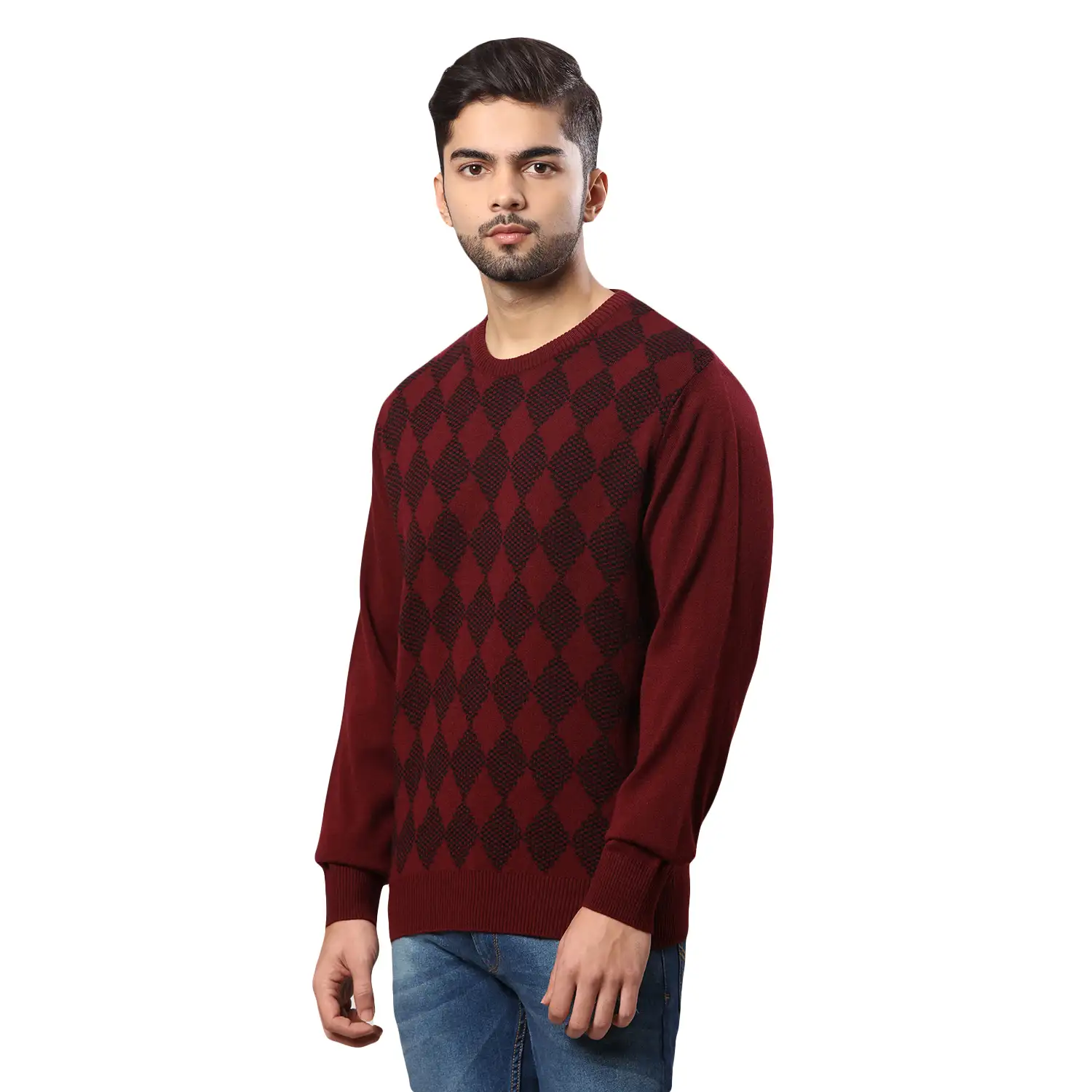 Men Maroon Argyle Acrylic Wool Blend Round Collar Sweaters - Image 3