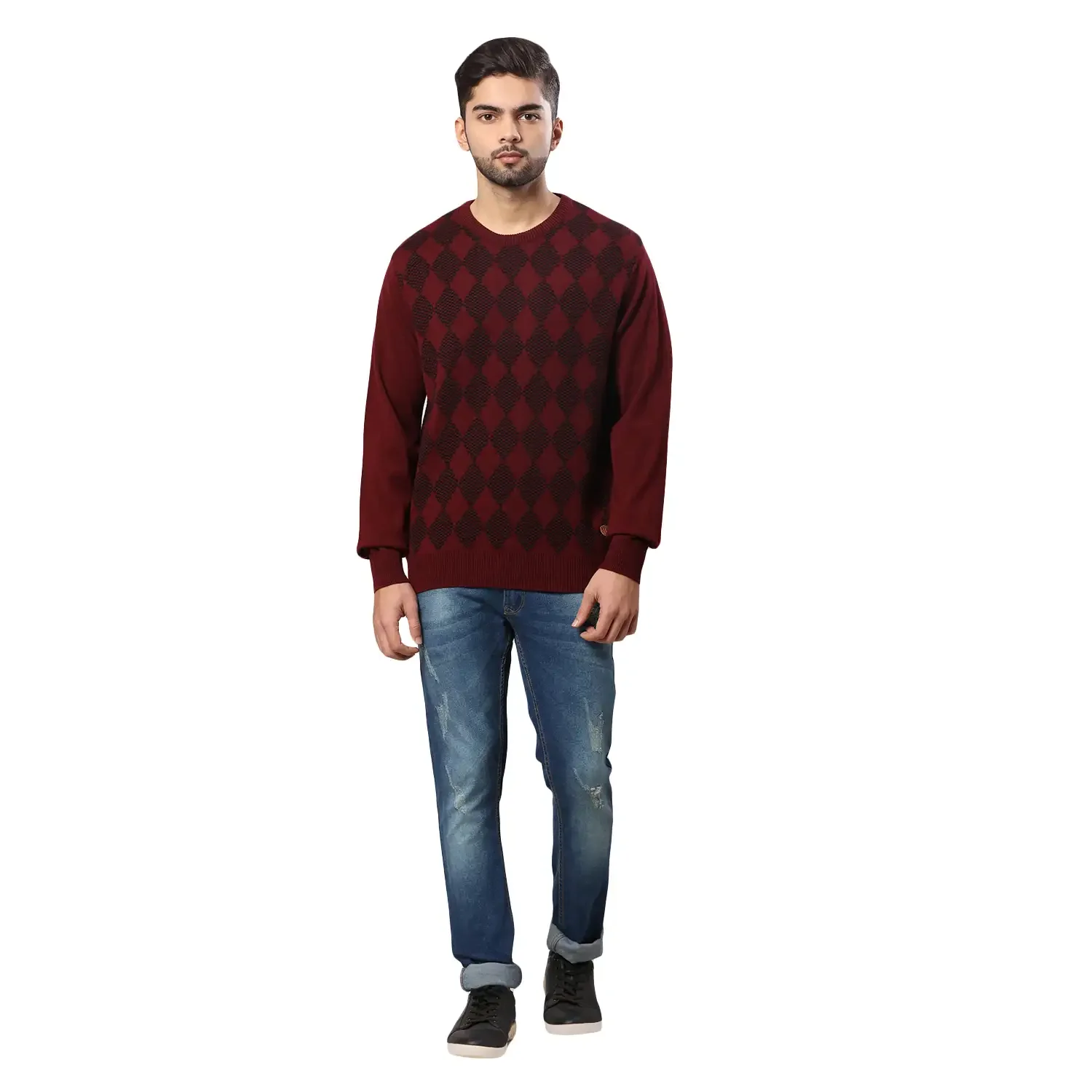 Men Maroon Argyle Acrylic Wool Blend Round Collar Sweaters - Image 5