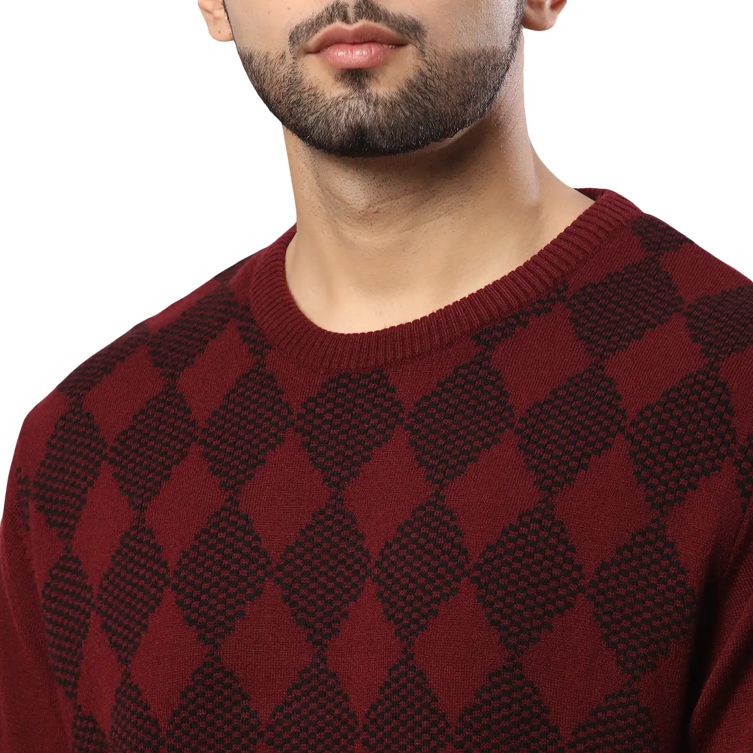 Men Maroon Argyle Acrylic Wool Blend Round Collar Sweaters - Image 6