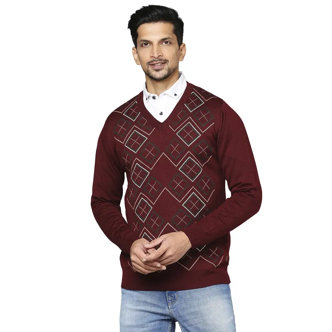 Men Maroon Argyle Wool Blend Full Sleeve V Neck Collar Sweaters