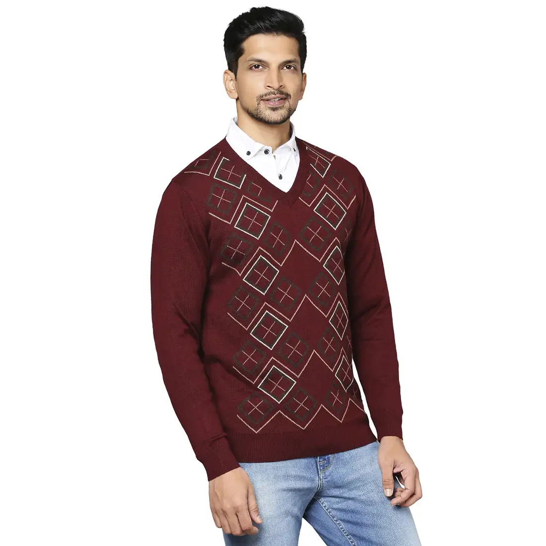 Men Maroon Argyle Wool Blend Full Sleeve V Neck Collar Sweaters - Image 2
