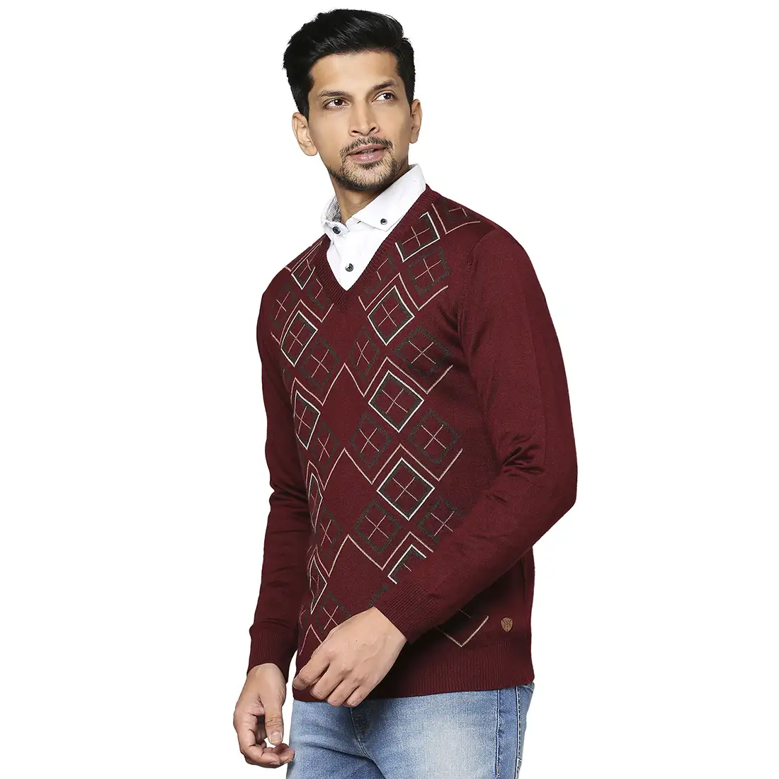 Men Maroon Argyle Wool Blend Full Sleeve V Neck Collar Sweaters - Image 3