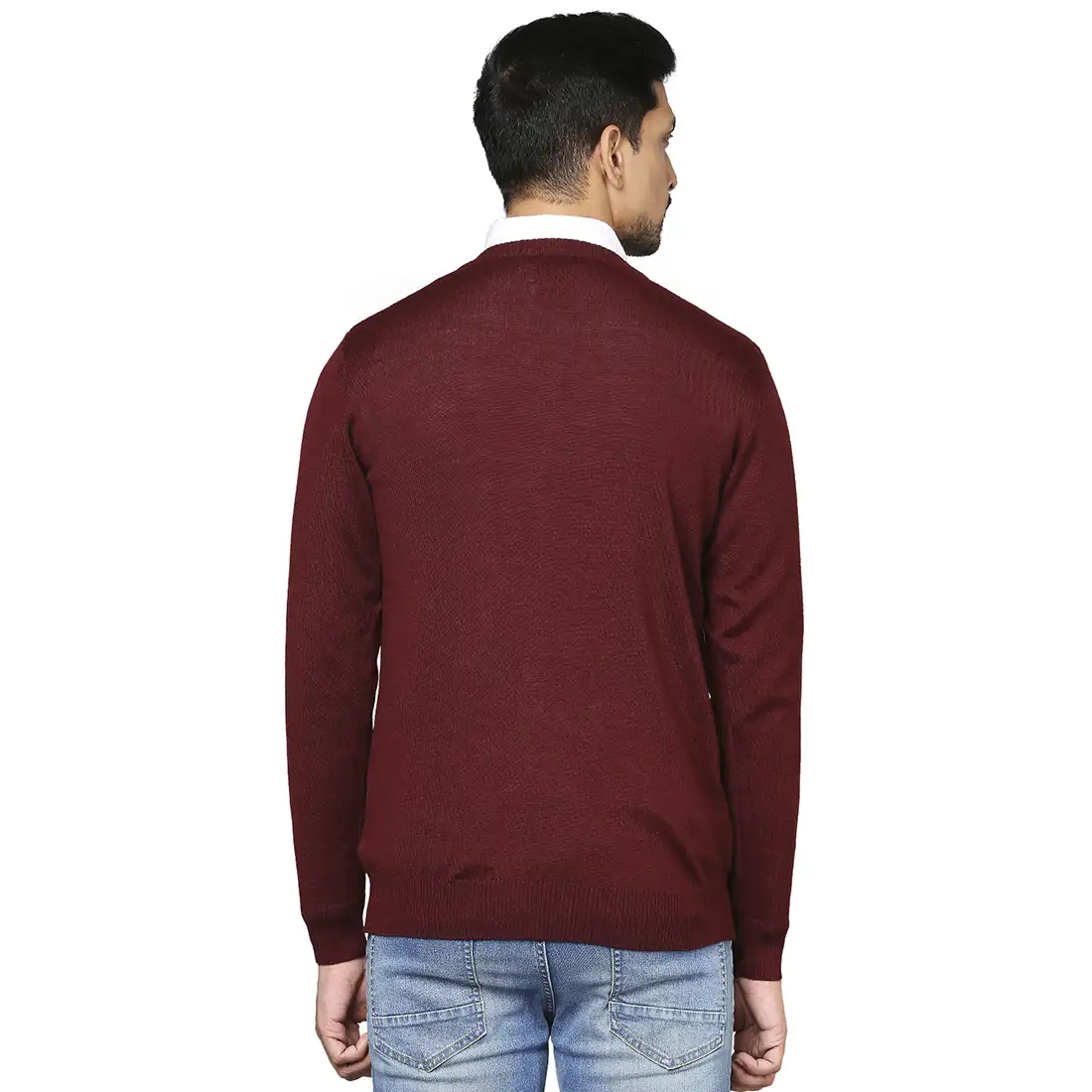 Men Maroon Argyle Wool Blend Full Sleeve V Neck Collar Sweaters - Image 4