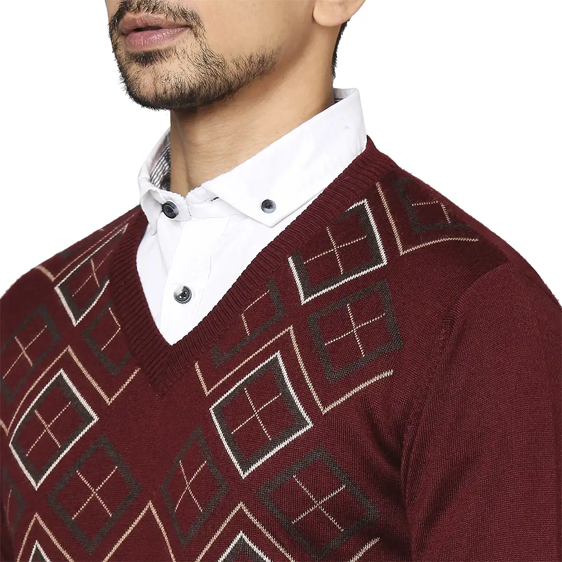 Men Maroon Argyle Wool Blend Full Sleeve V Neck Collar Sweaters - Image 6