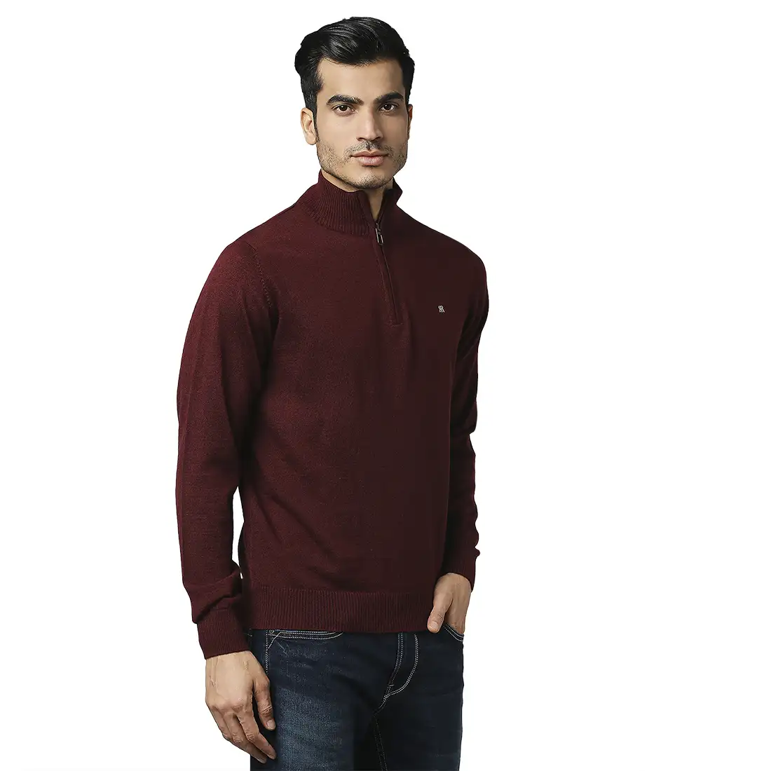 Men Maroon Contemporary Fit Acrylic Wool Blend Crew Neck Collar Sweaters - Image 2