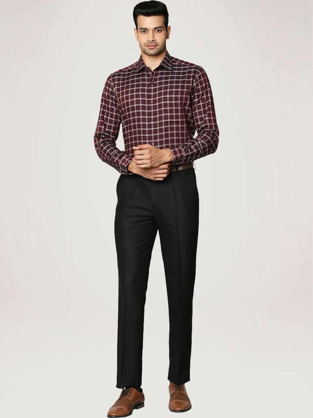 Men Maroon Contemporary Fit Checks Cotton Full Sleeve Shirts