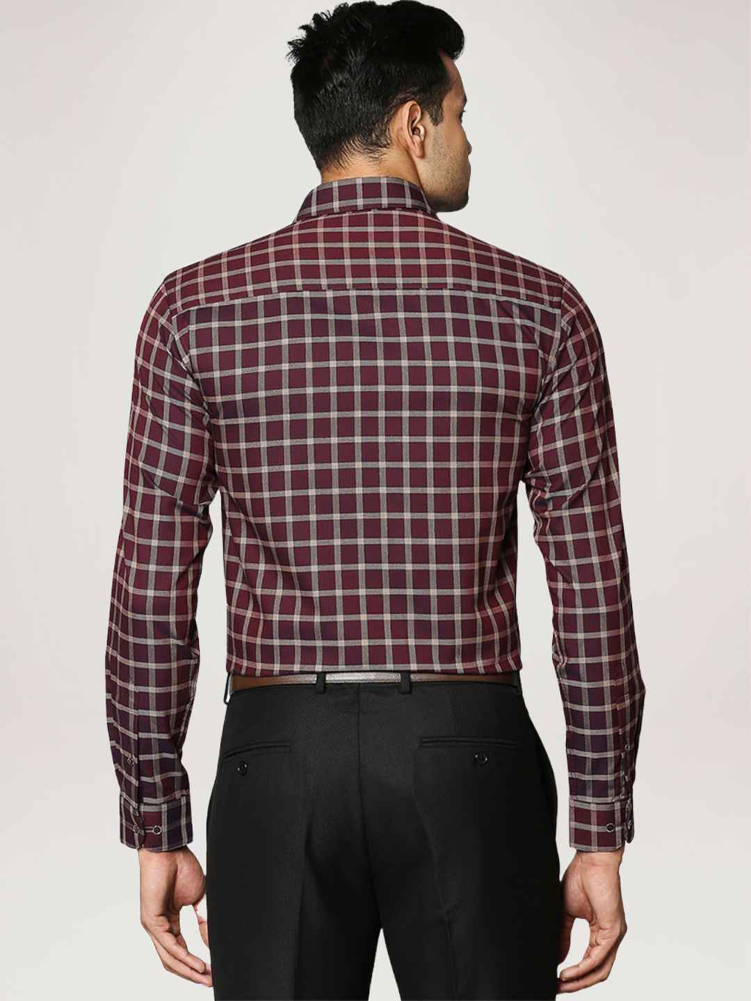 Men Maroon Contemporary Fit Checks Cotton Full Sleeve Shirts - Image 2