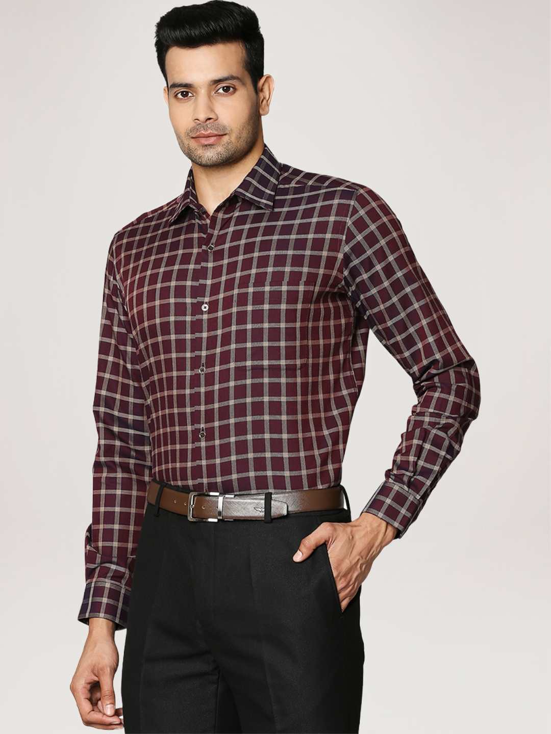 Men Maroon Contemporary Fit Checks Cotton Full Sleeve Shirts - Image 3