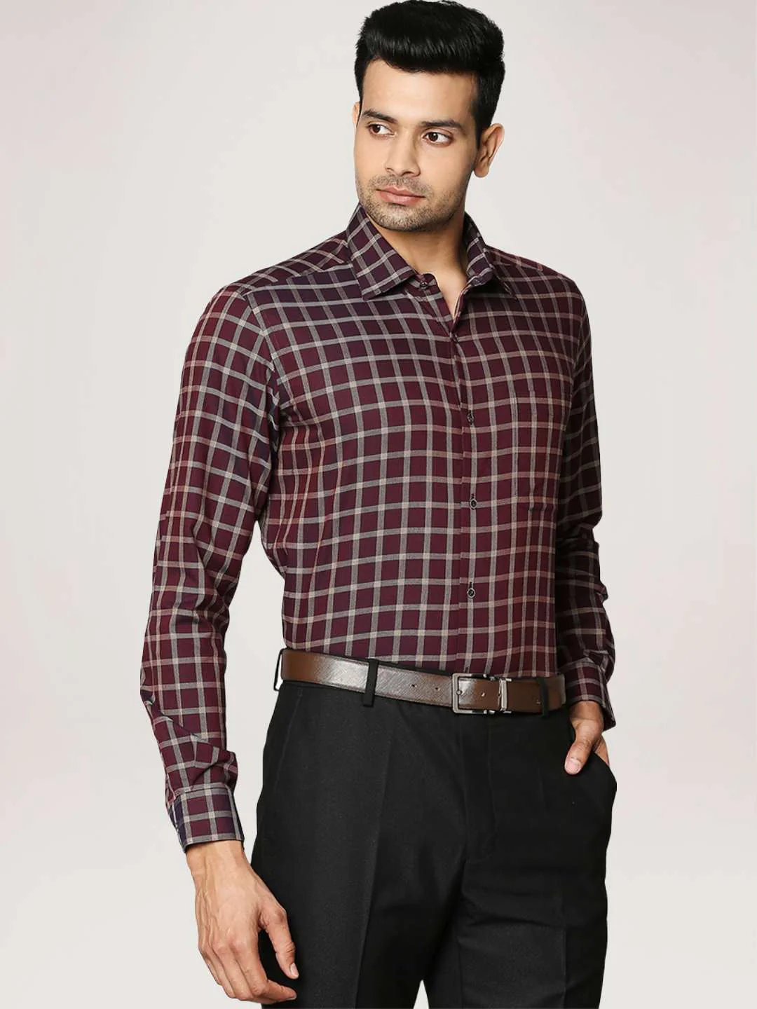 Men Maroon Contemporary Fit Checks Cotton Full Sleeve Shirts - Image 4