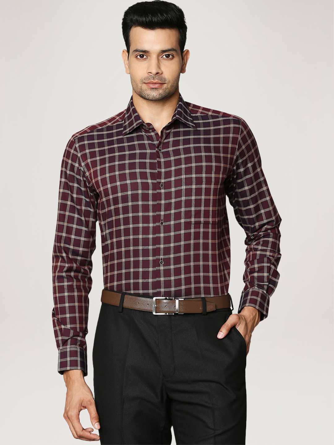Men Maroon Contemporary Fit Checks Cotton Full Sleeve Shirts - Image 5