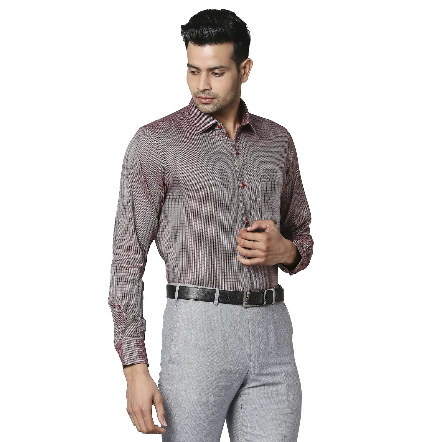 Men Maroon Contemporary Fit Checks Cotton Full Sleeve Shirts - Image 2
