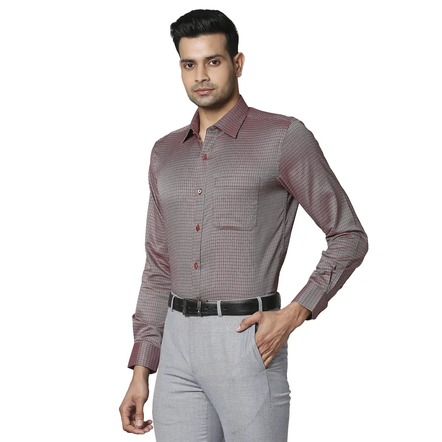 Men Maroon Contemporary Fit Checks Cotton Full Sleeve Shirts - Image 3