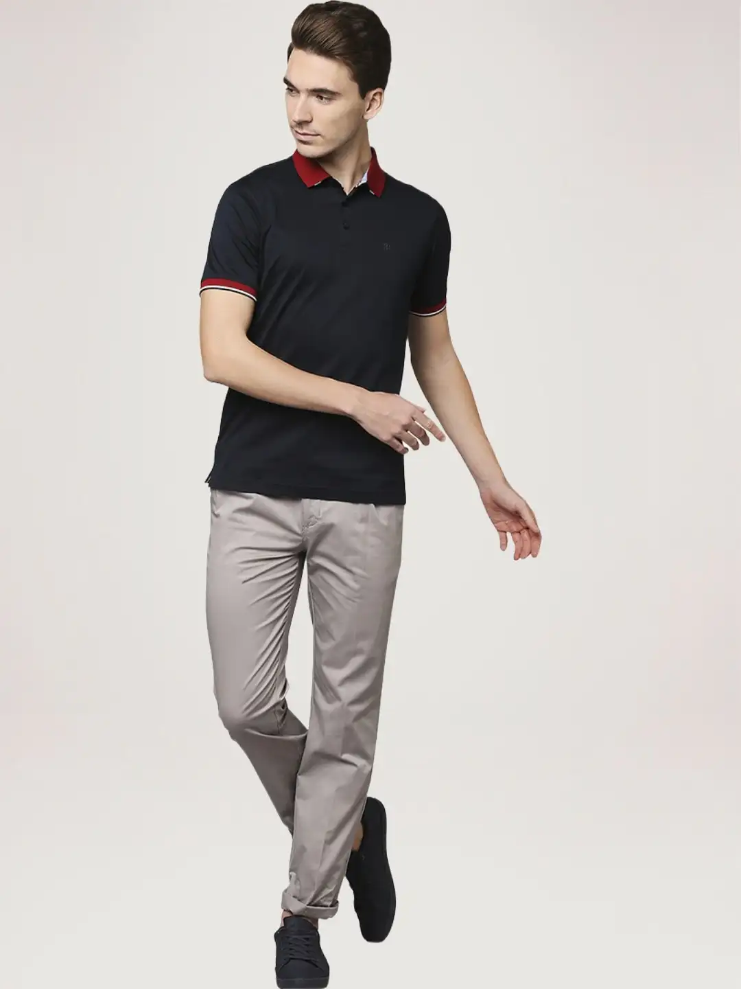 Men Maroon Contemporary Fit Checks Supima Cotton Round Neck Collar Polo T-Shirt - Image 3