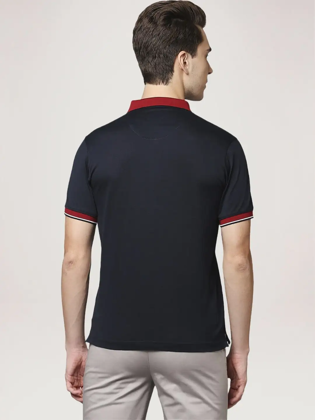 Men Maroon Contemporary Fit Checks Supima Cotton Round Neck Collar Polo T-Shirt - Image 4