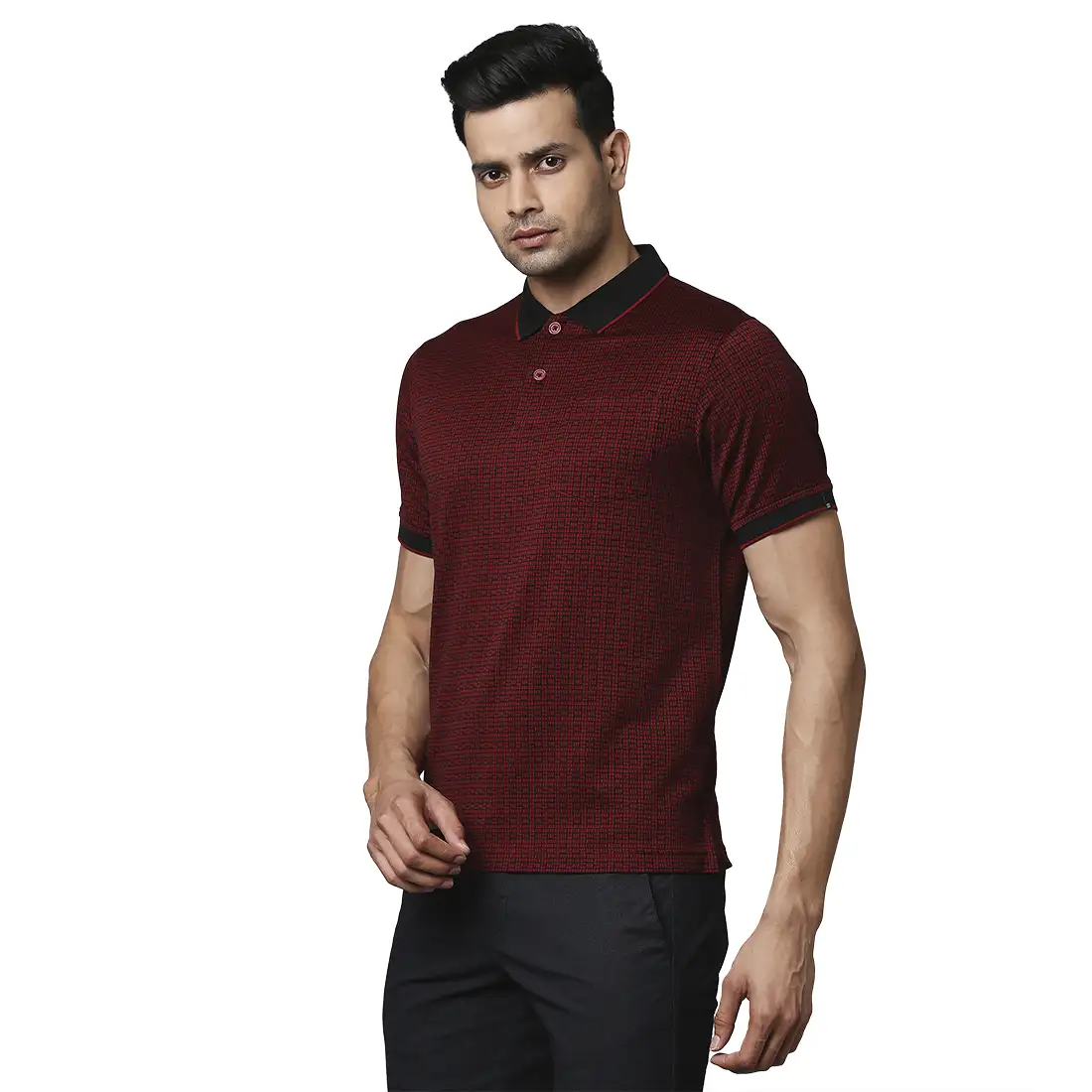 Men Maroon Contemporary Fit Jacquard Cotton Polo T-Shirt - Image 3
