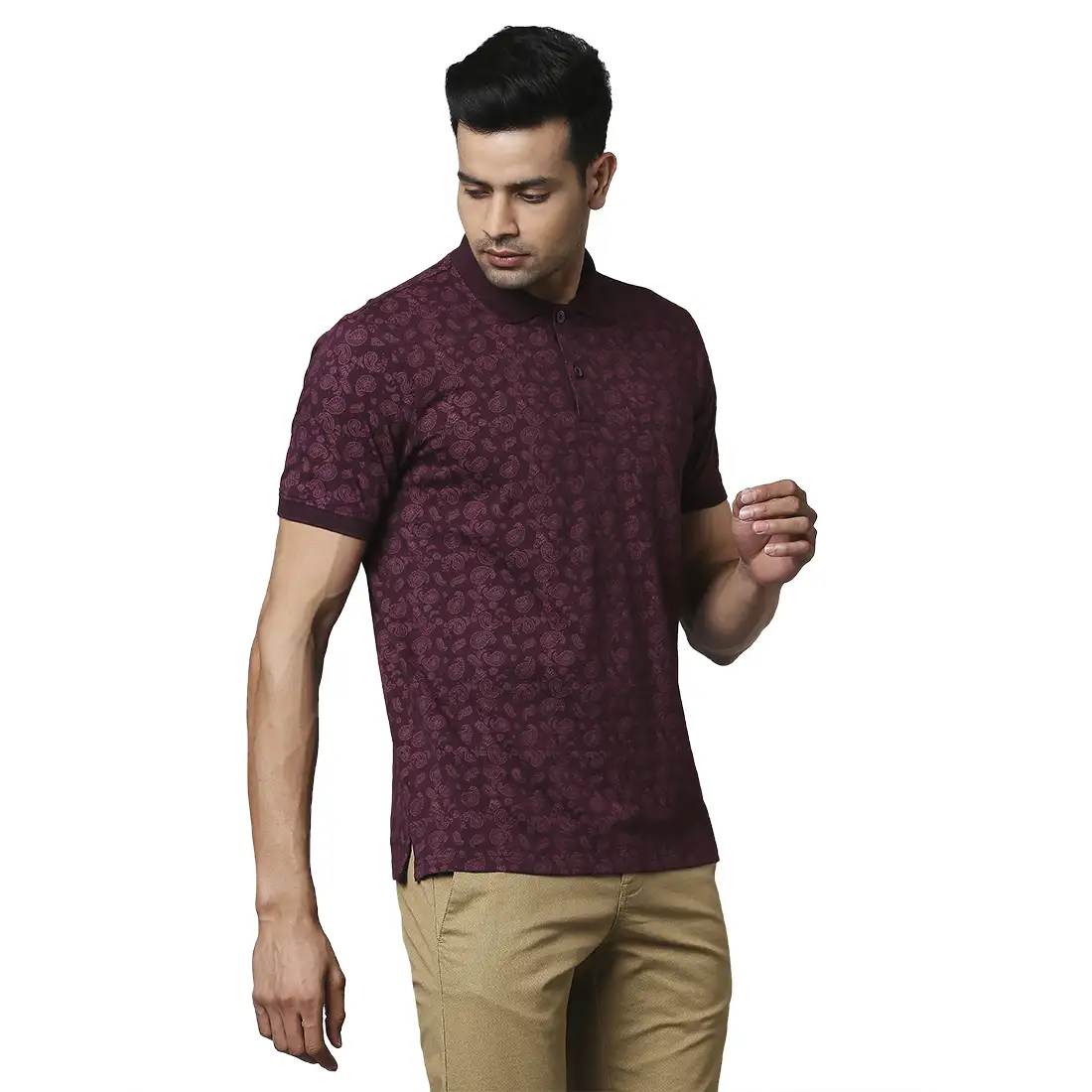 Men Maroon Contemporary Fit Print Cotton Polo T-Shirt - Image 2