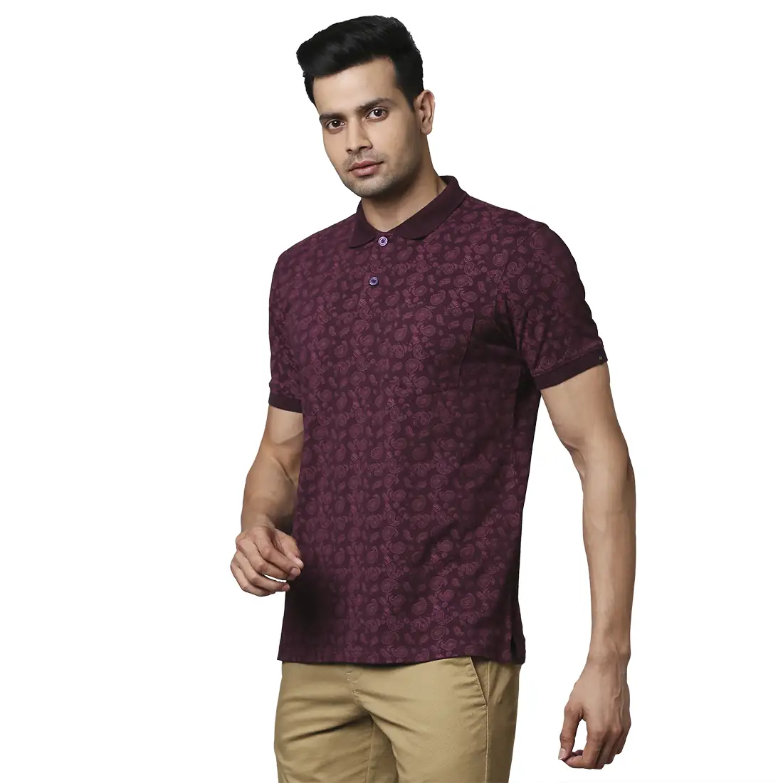 Men Maroon Contemporary Fit Print Cotton Polo T-Shirt - Image 3