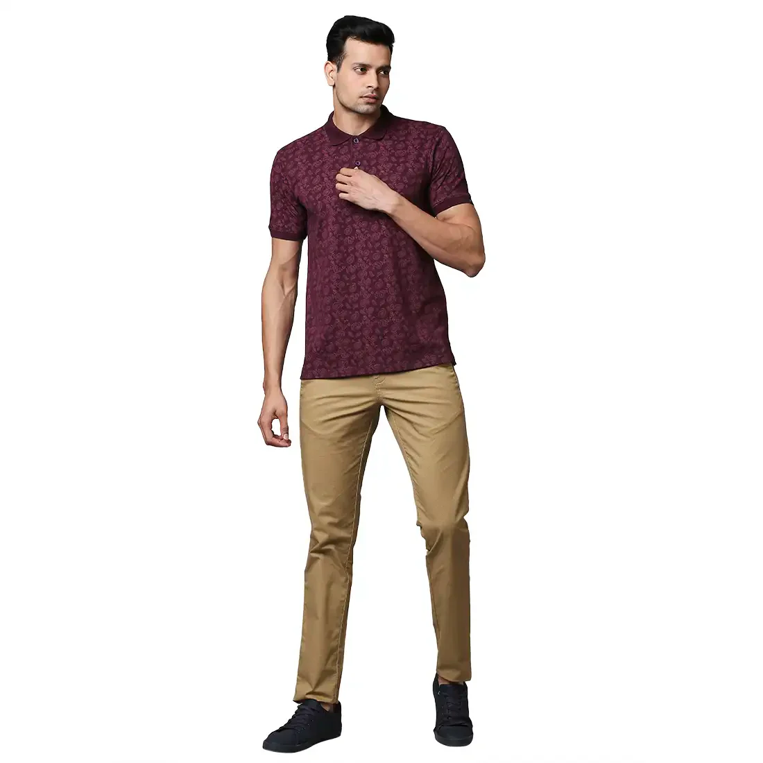 Men Maroon Contemporary Fit Print Cotton Polo T-Shirt - Image 5