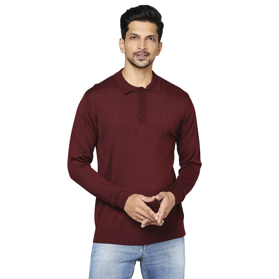 Men Maroon Contemporary Fit Solid Wool Blend Round Neck Collar Sweaters
