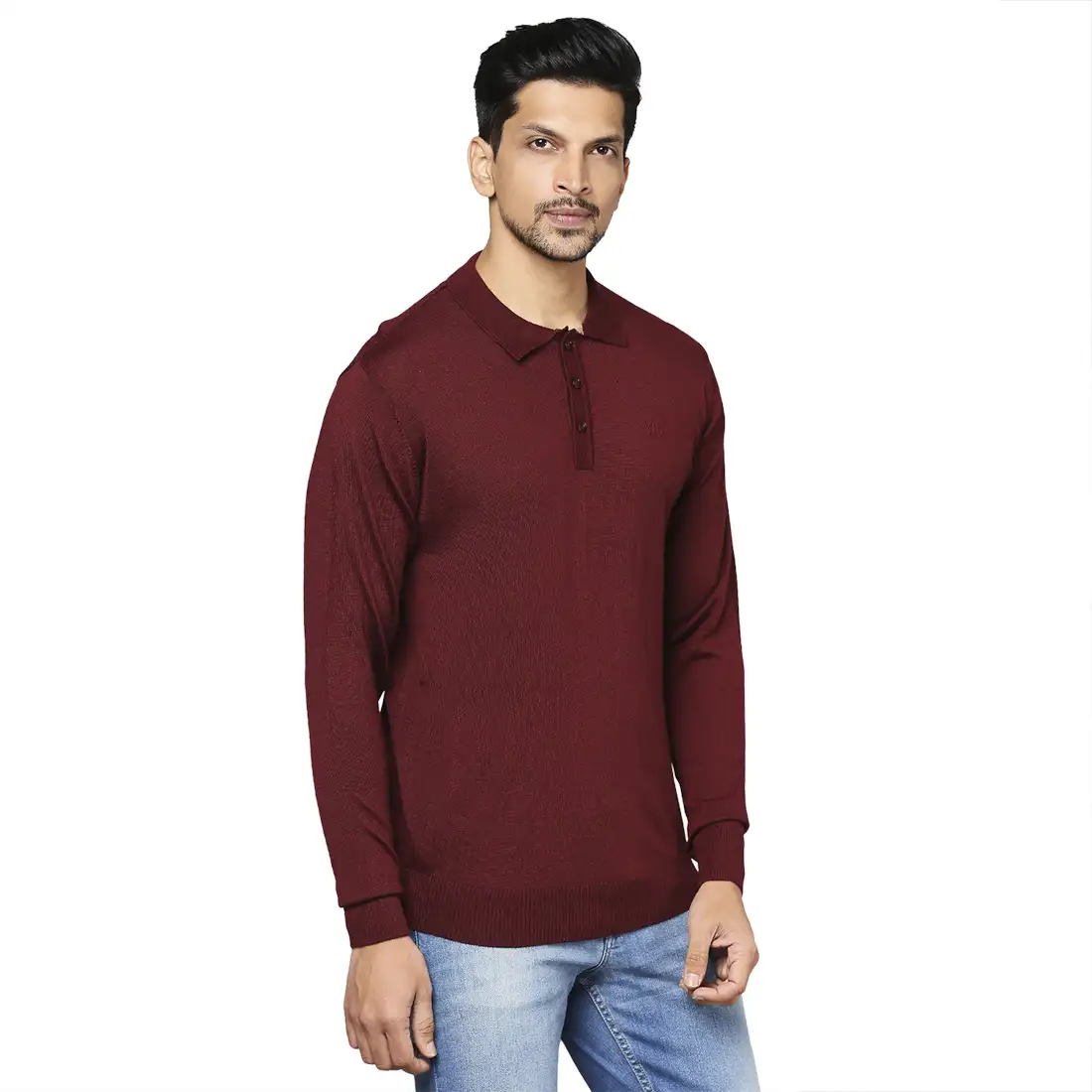 Men Maroon Contemporary Fit Solid Wool Blend Round Neck Collar Sweaters - Image 2