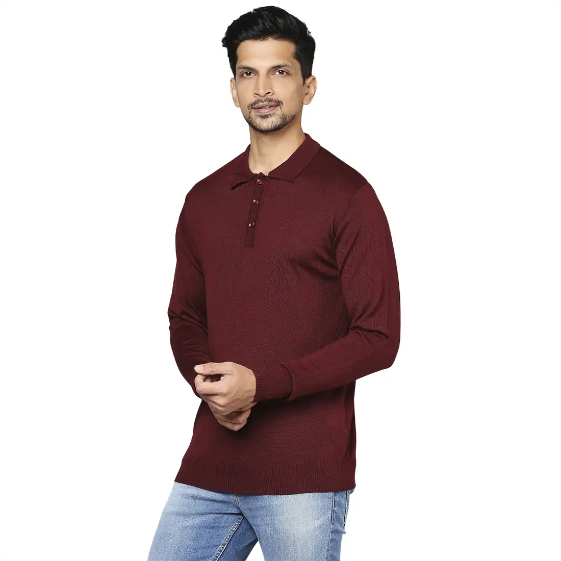 Men Maroon Contemporary Fit Solid Wool Blend Round Neck Collar Sweaters - Image 3