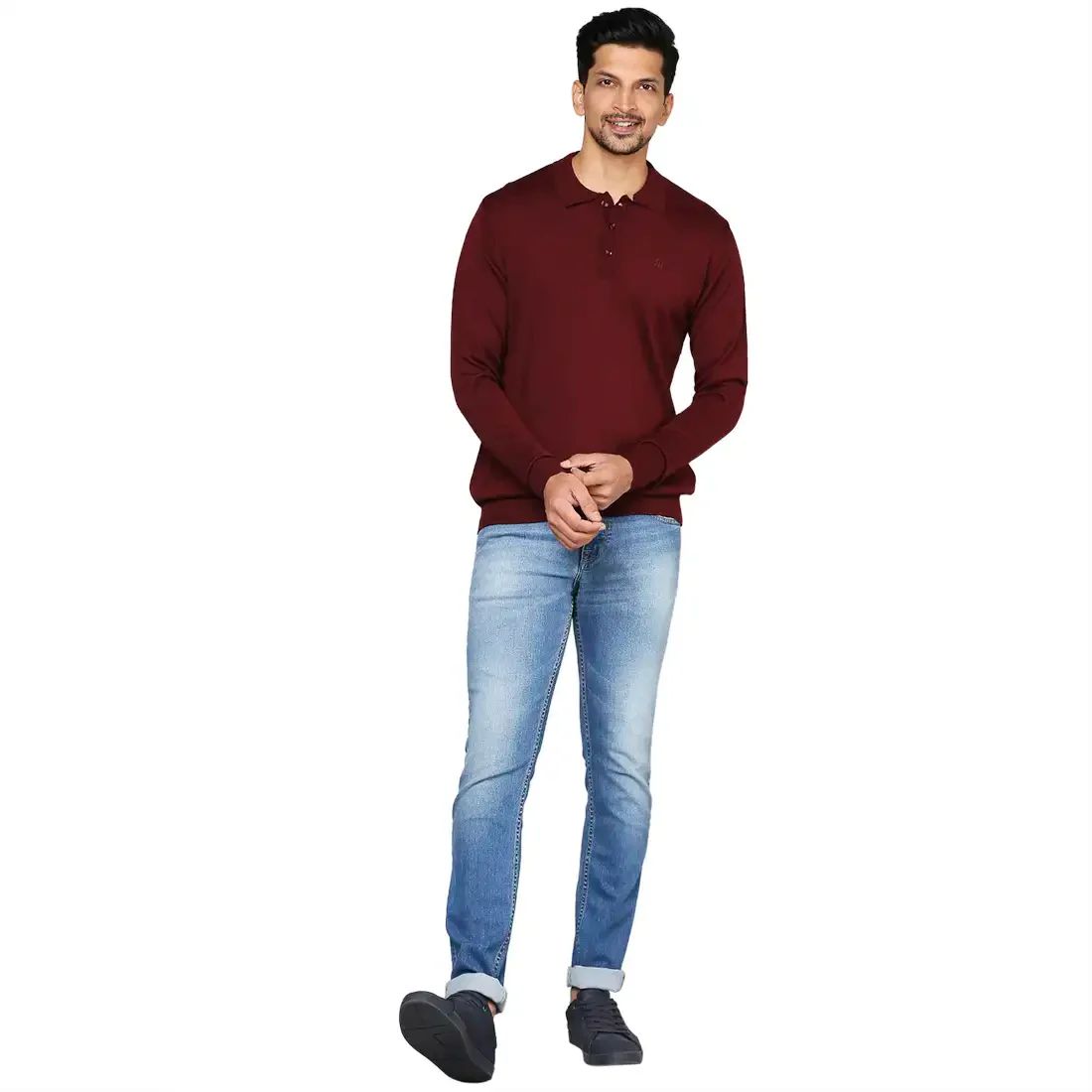 Men Maroon Contemporary Fit Solid Wool Blend Round Neck Collar Sweaters - Image 5