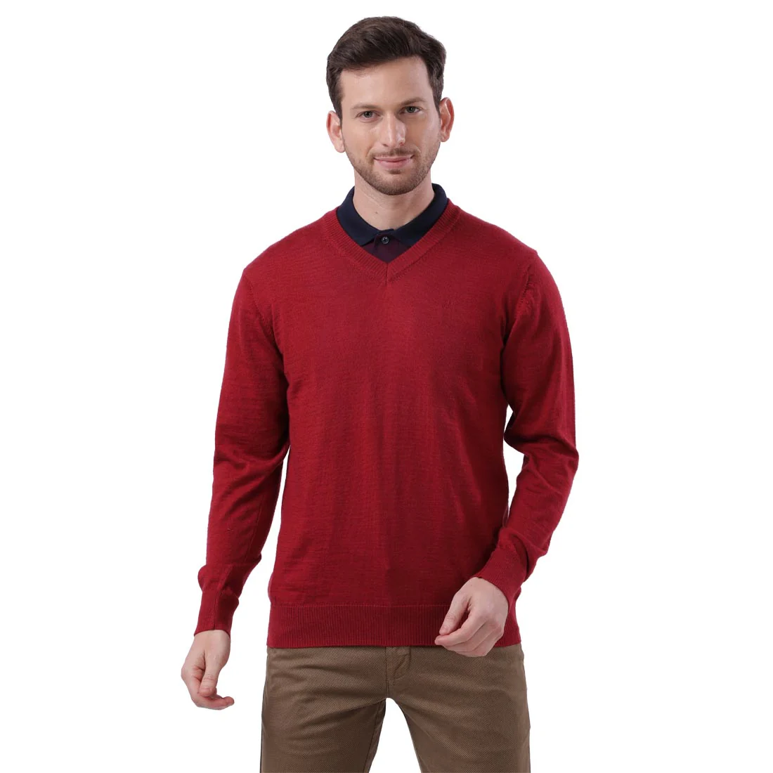 Men Maroon Contemporary Fit Wool Blend V Neck Collar Sweaters