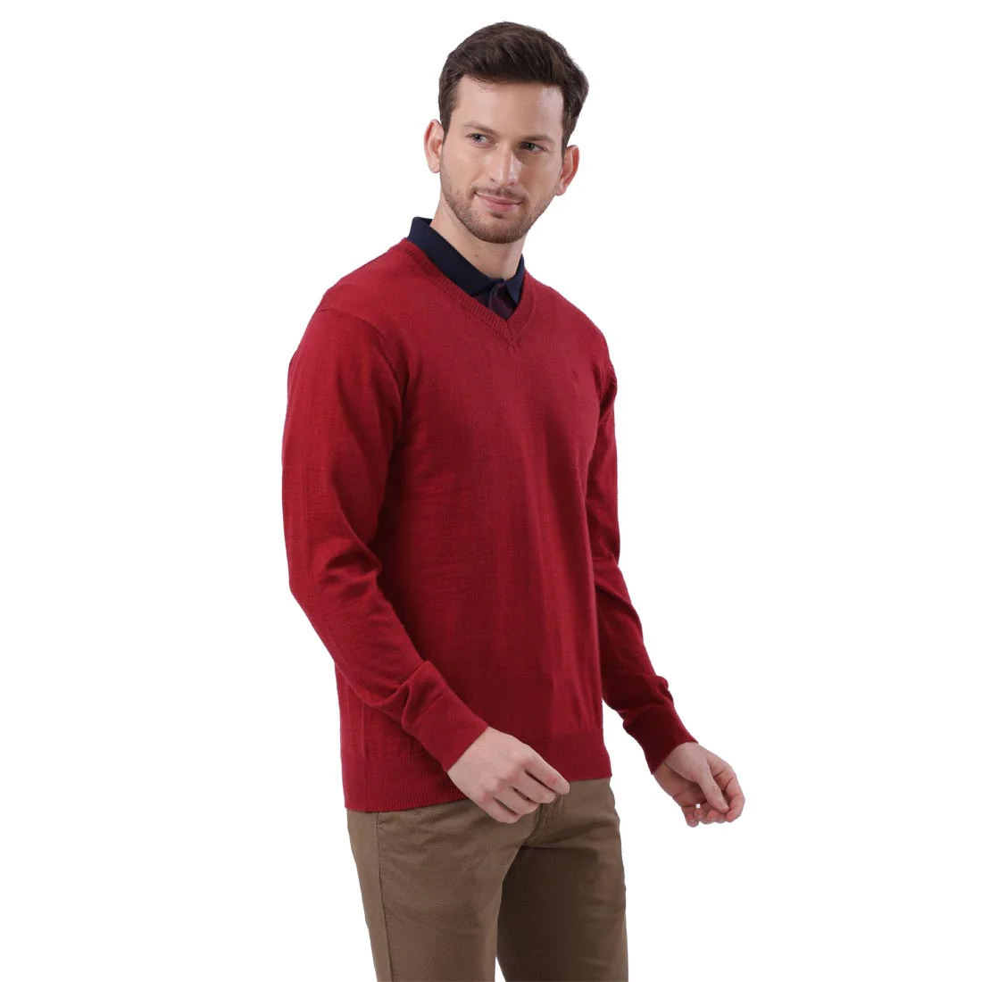 Men Maroon Contemporary Fit Wool Blend V Neck Collar Sweaters - Image 2