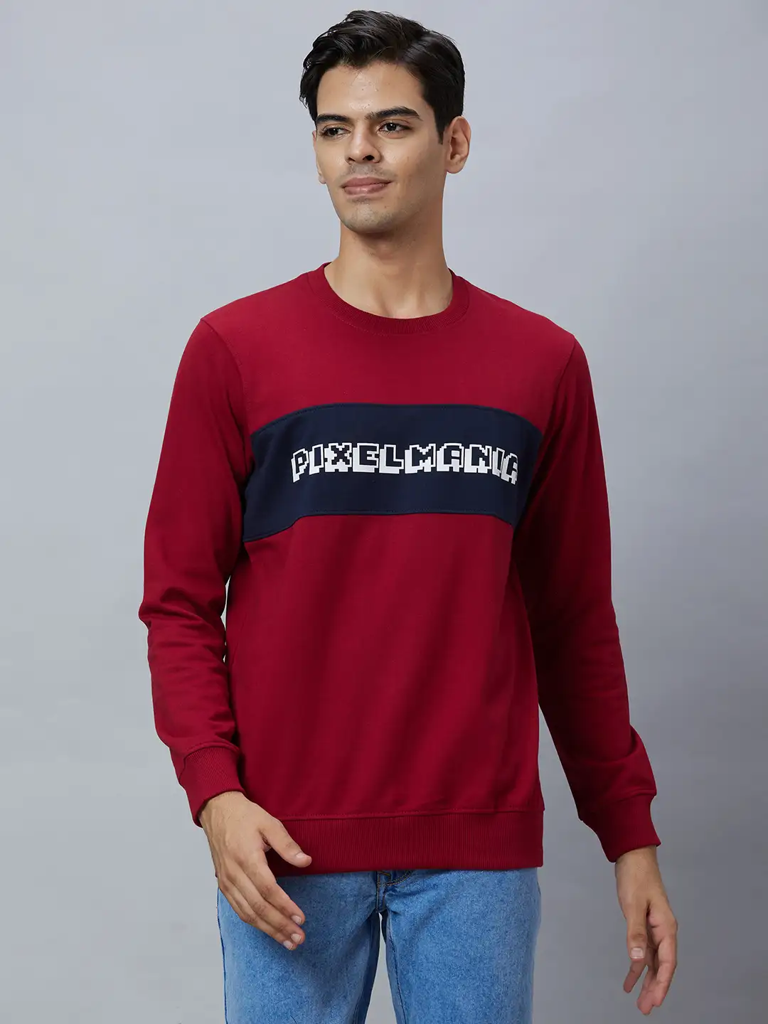 Men Maroon Regular Fit Graphic Cotton Blend Sweatshirts