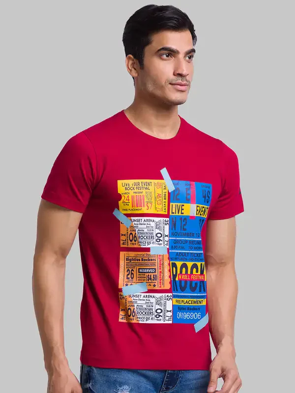 Men Maroon Regular Fit Graphic Cotton T-Shirt - Image 2