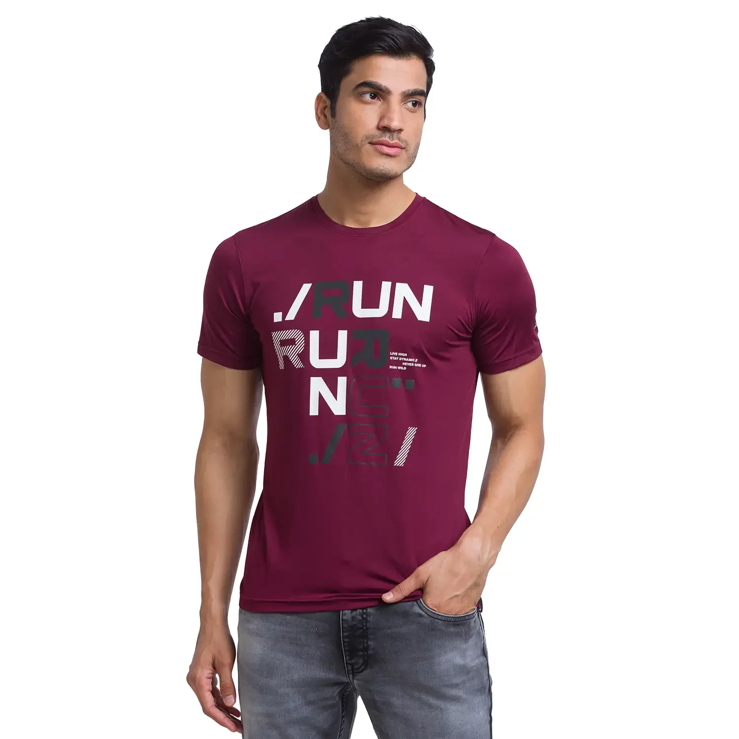 Men Maroon Regular Fit Graphic Polyester T-Shirt