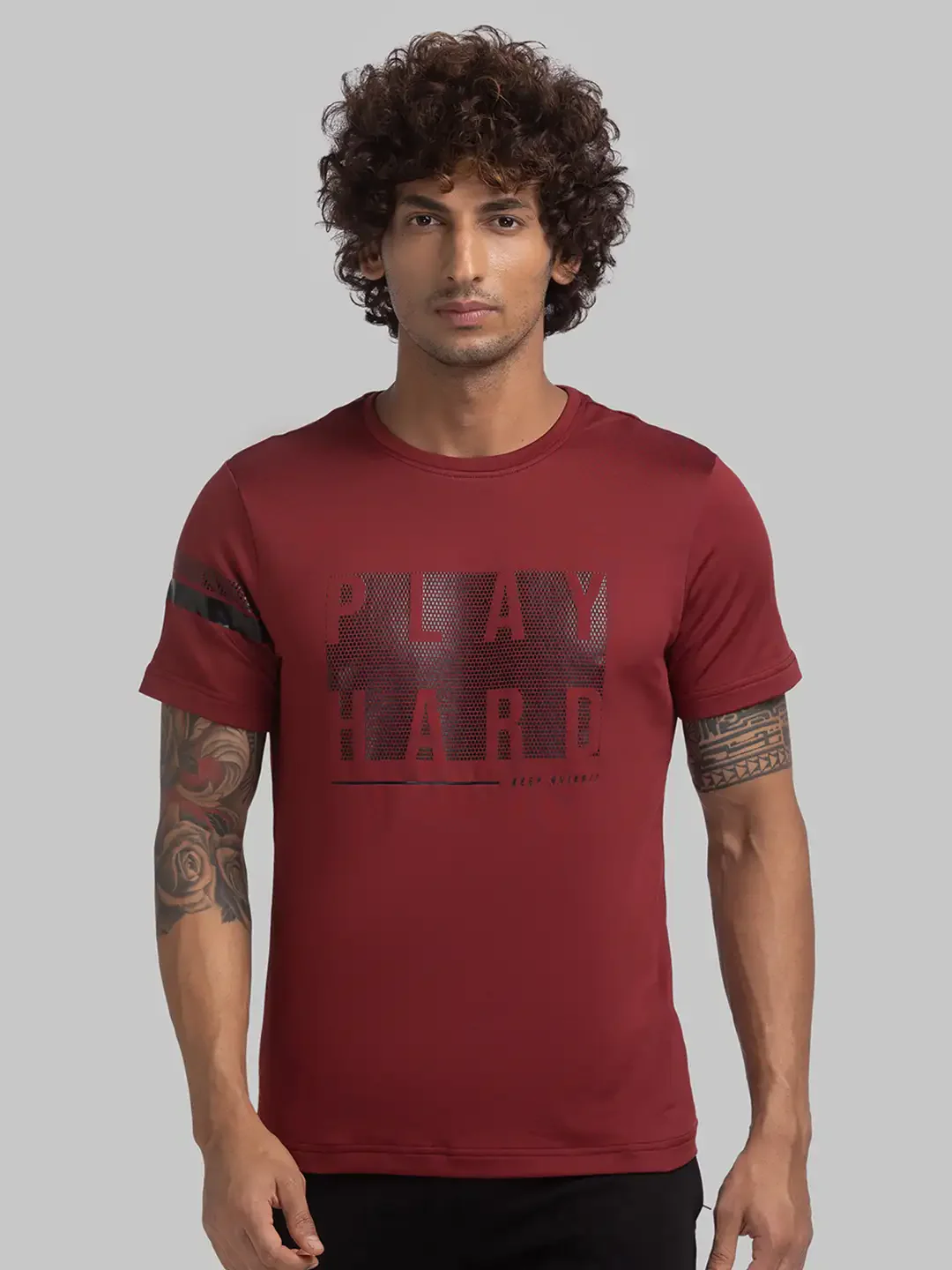 Men Maroon Regular Fit Print Polyester Round Collar T-Shirt