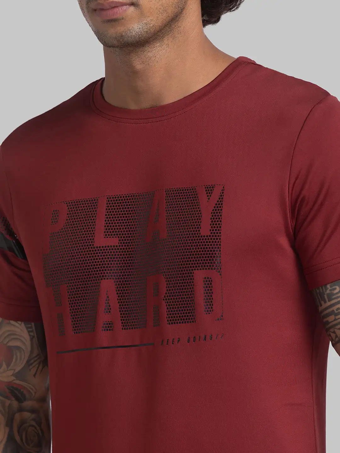 Men Maroon Regular Fit Print Polyester Round Collar T-Shirt - Image 6