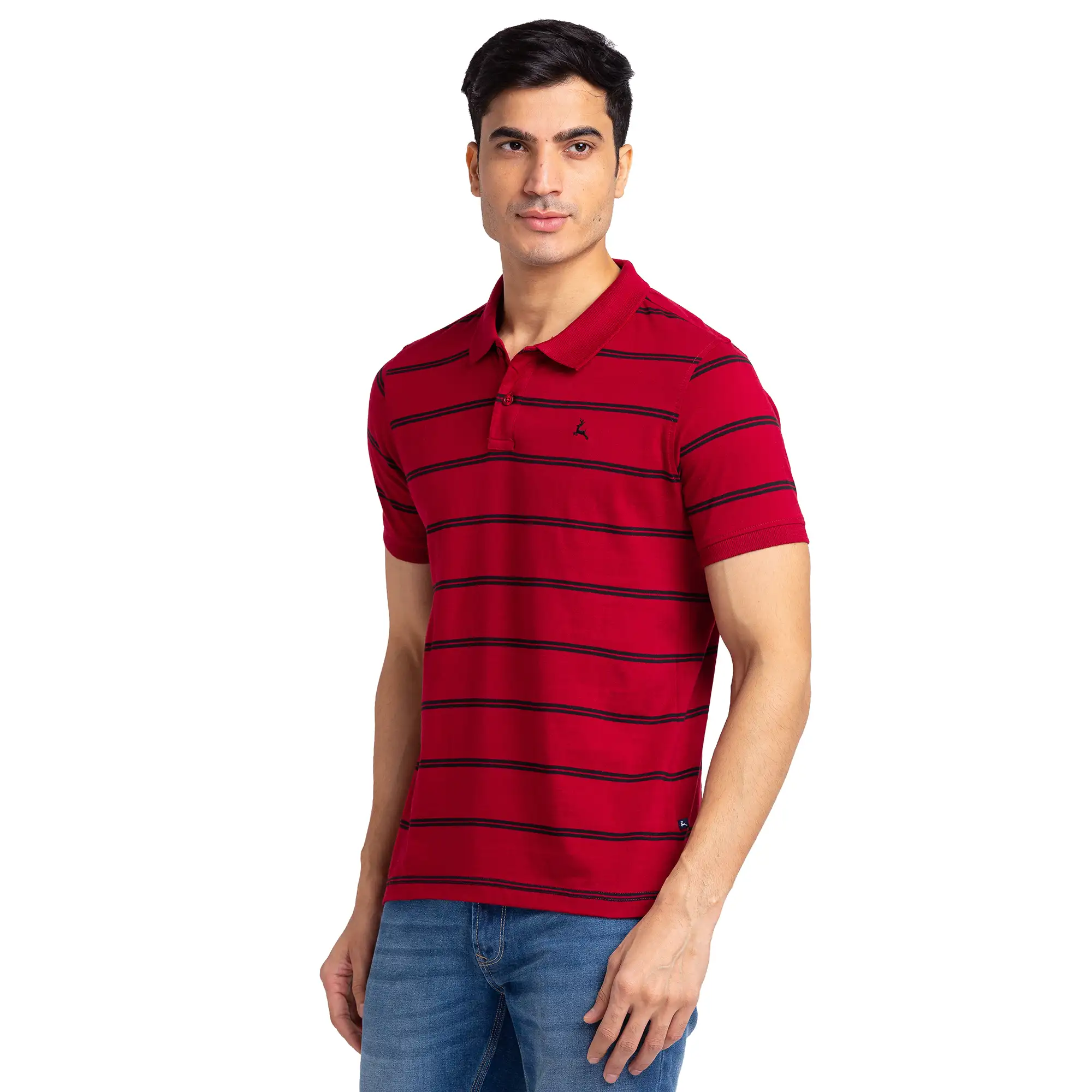 Men Maroon Regular Fit Yarn Dyed Cotton Round Neck Collar Polo T-Shirt - Image 2