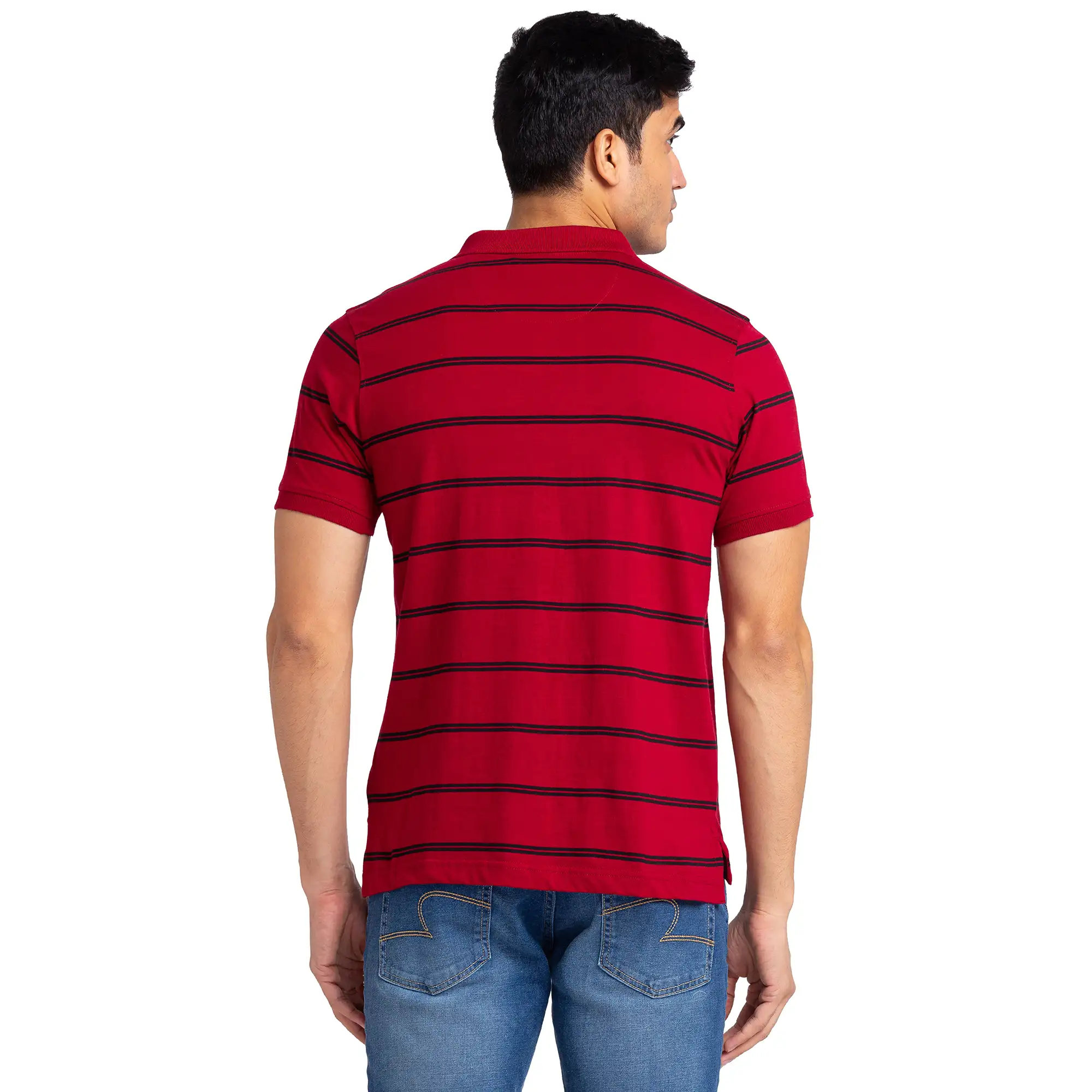 Men Maroon Regular Fit Yarn Dyed Cotton Round Neck Collar Polo T-Shirt - Image 3