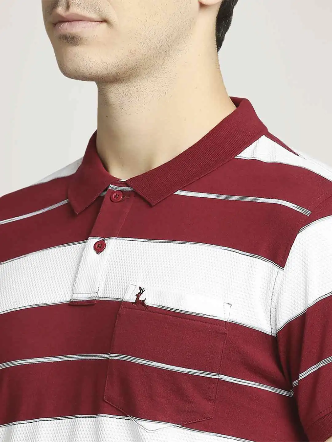 Men Maroon Regular Fit Yarn Dyed Cotton Round Neck Collar Polo T-Shirt - Image 2