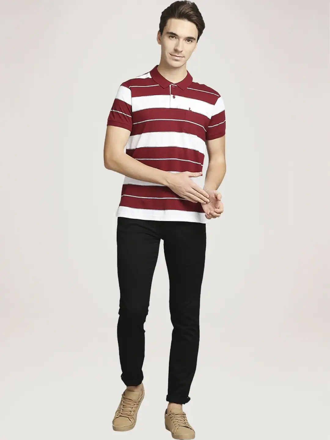 Men Maroon Regular Fit Yarn Dyed Cotton Round Neck Collar Polo T-Shirt - Image 3