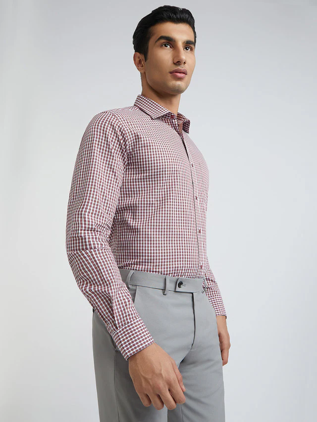 Men Maroon Slim Fit Checks Cotton Shirts - Image 2