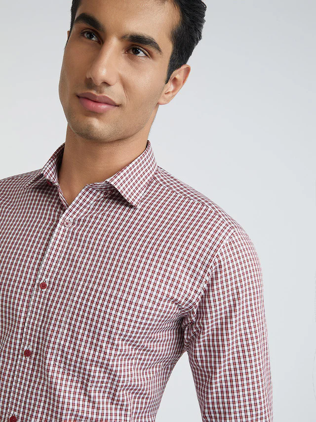 Men Maroon Slim Fit Checks Cotton Shirts - Image 6