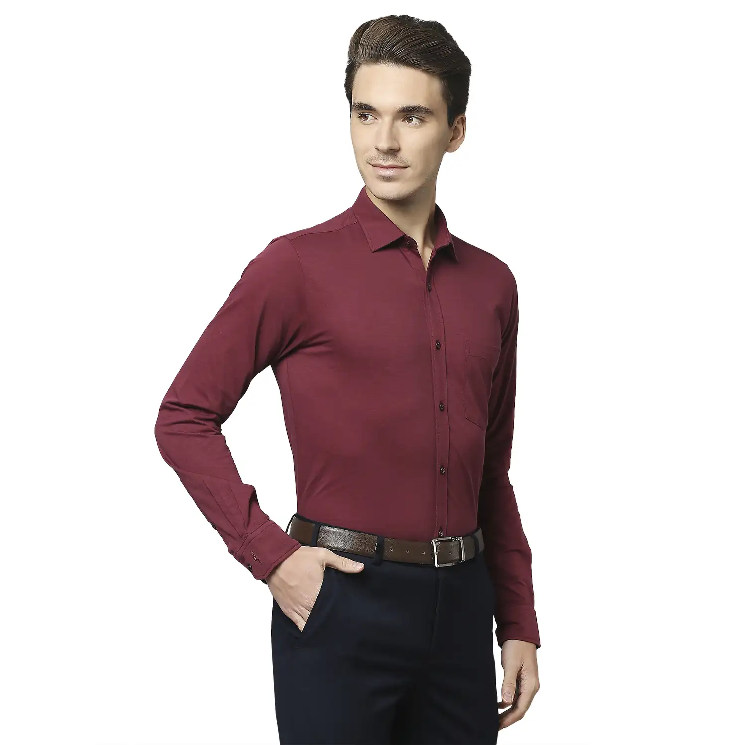 Men Maroon Slim Fit Solid Cotton Blend Shirts - Image 2