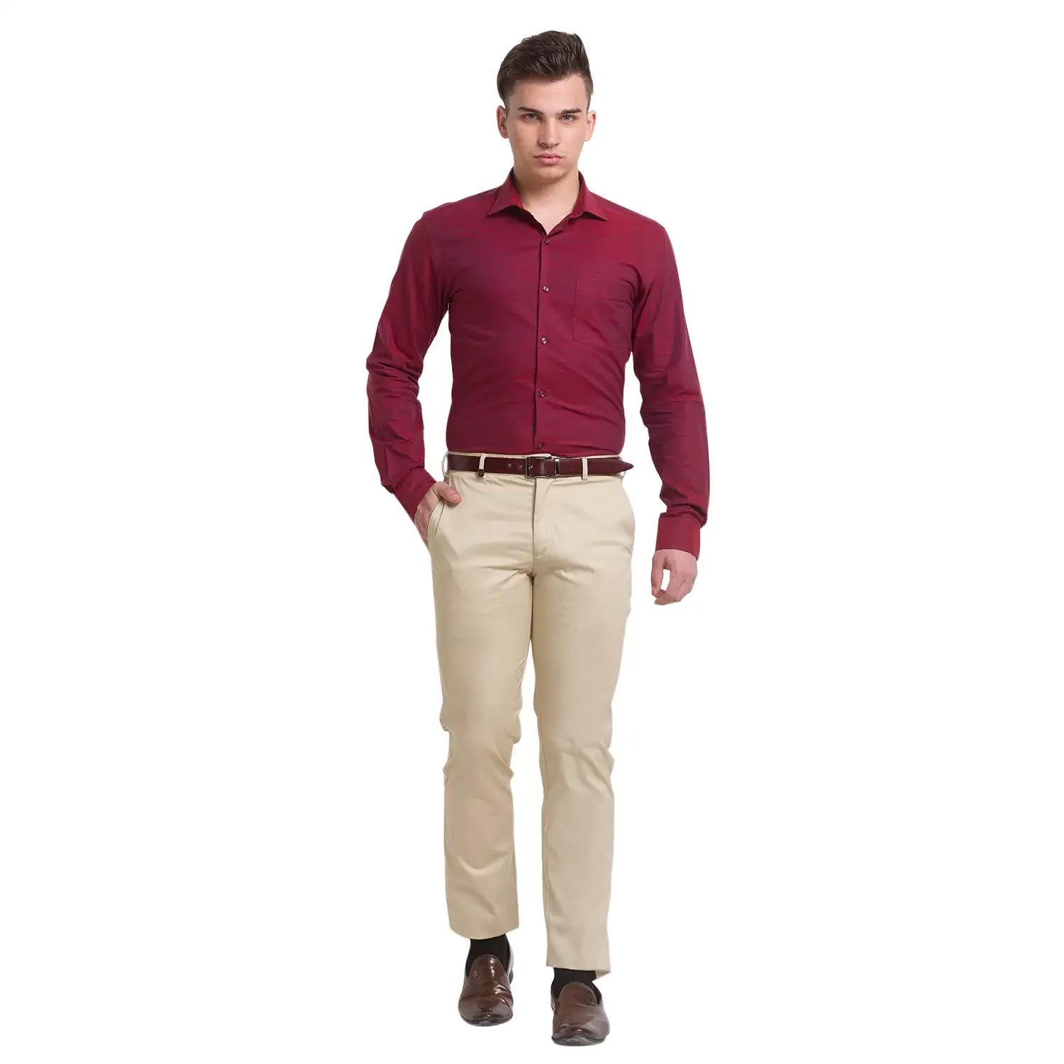 Men Maroon Slim Fit Structure Cotton Shirts - Image 5