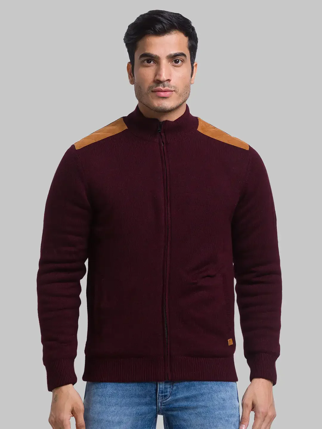 Men Maroon Solid Acrylic Full Sleeve Sweaters